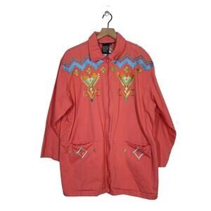 Vintage 90s Southwest Embroidered Coral Pink Full Zip Plus Size 18W Denim Jacket